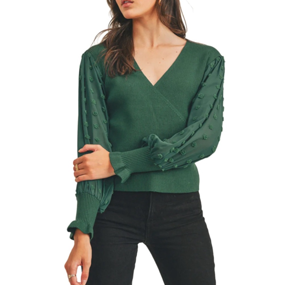 Lush Green Dot Sleeve Wrap style feminine chic romantic Sweater L